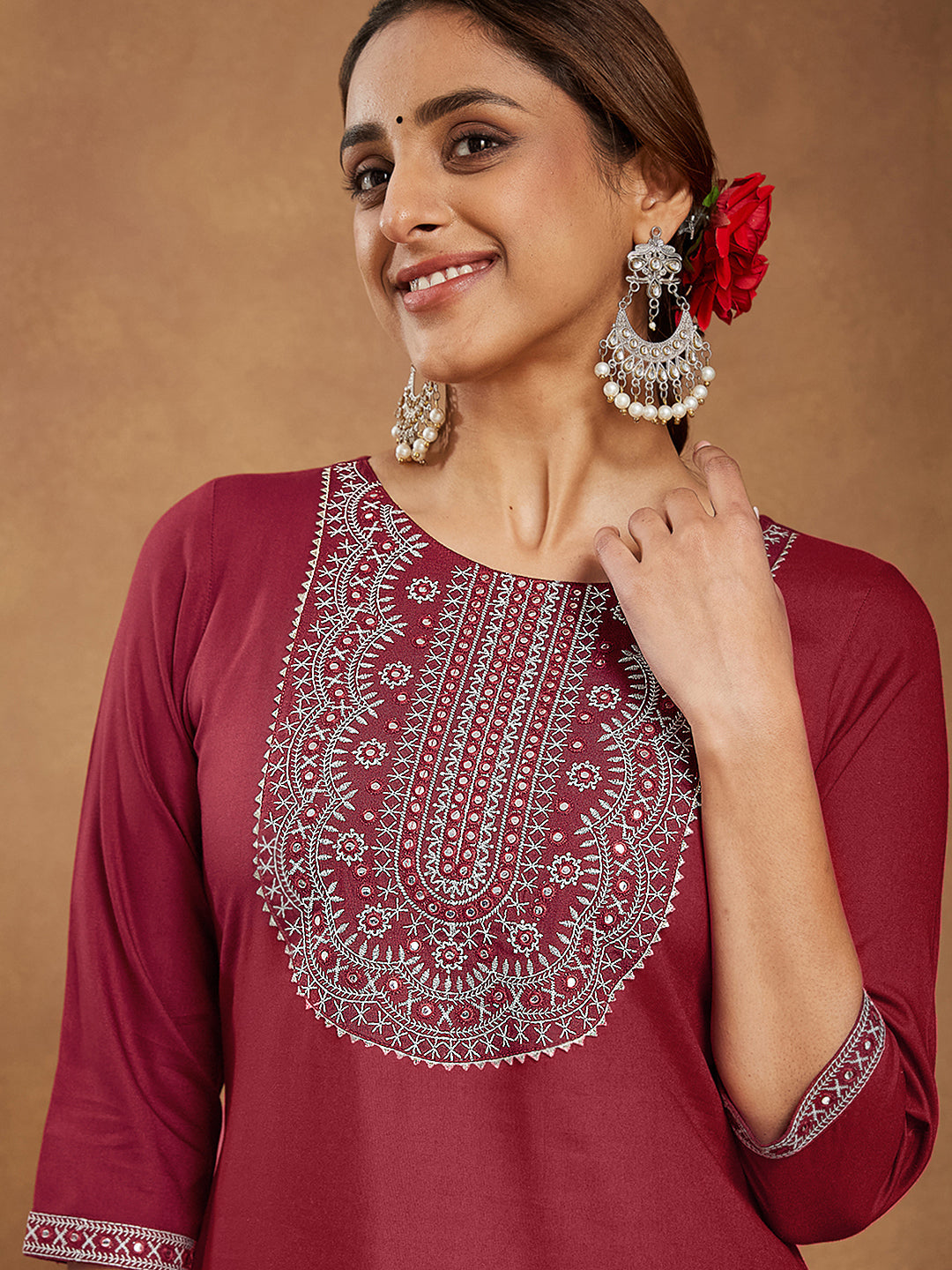 Janasya Women's Maroon Rayon Embroidered Straight Kurta