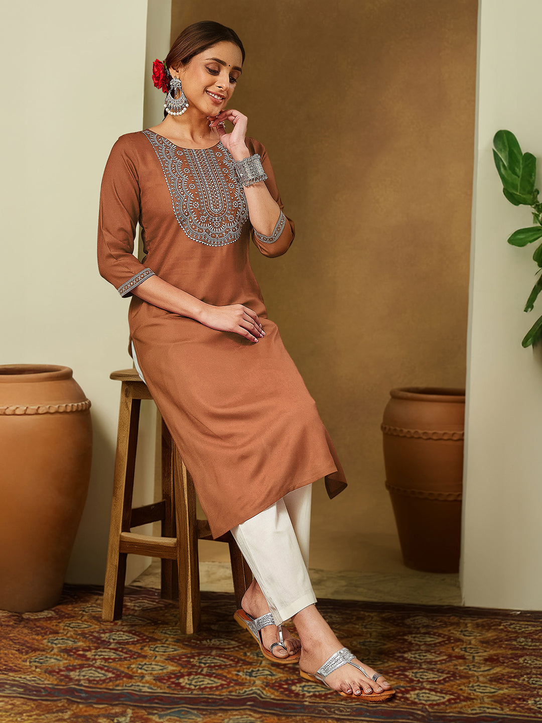 Janasya Women's Brown Rayon Embroidered Straight Kurta