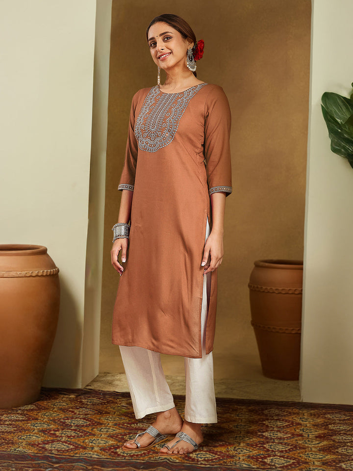 Janasya Women's Brown Rayon Embroidered Straight Kurta - qivii