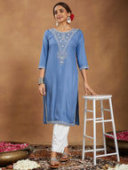Janasya Women's Sky Blue Rayon Embroidered Straight Kurta