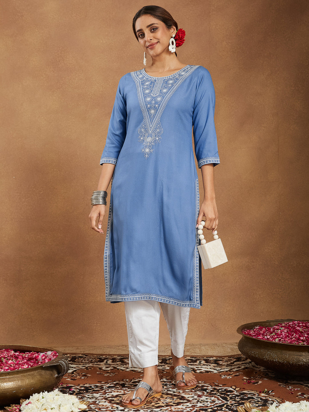 Janasya Women's Sky Blue Rayon Embroidered Straight Kurta