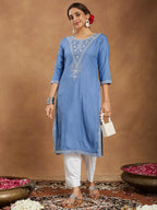 Janasya Women's Sky Blue Rayon Embroidered Straight Kurta