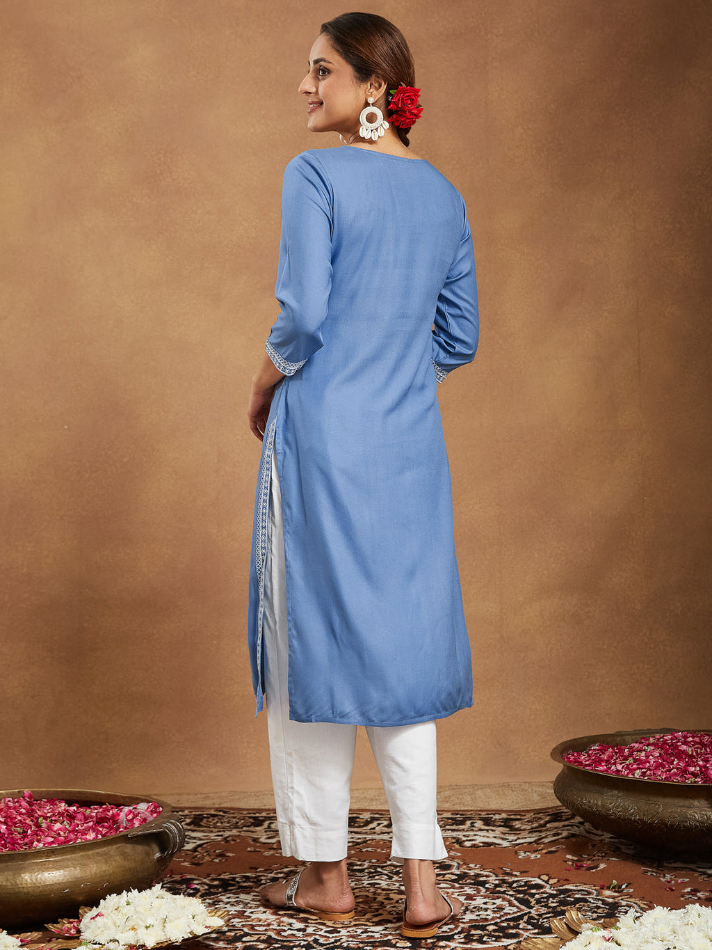 Janasya Women's Sky Blue Rayon Embroidered Straight Kurta
