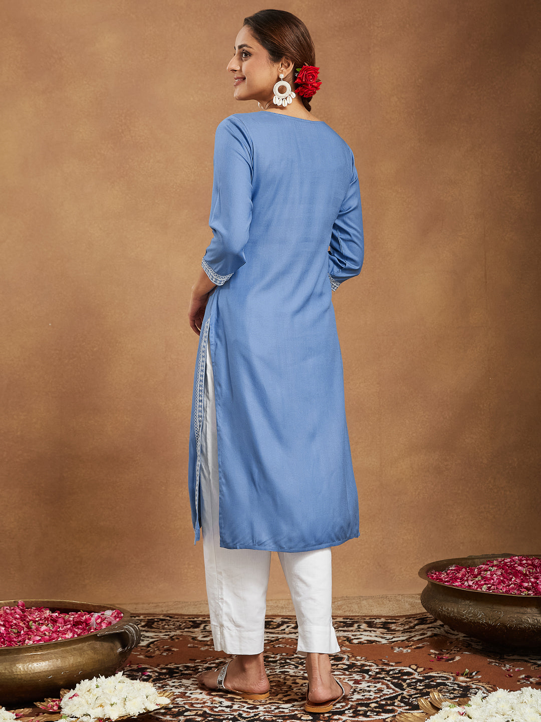 Janasya Women's Sky Blue Rayon Embroidered Straight Kurta