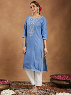 Janasya Women's Sky Blue Rayon Embroidered Straight Kurta