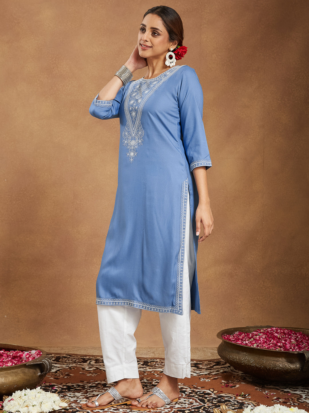 Janasya Women's Sky Blue Rayon Embroidered Straight Kurta