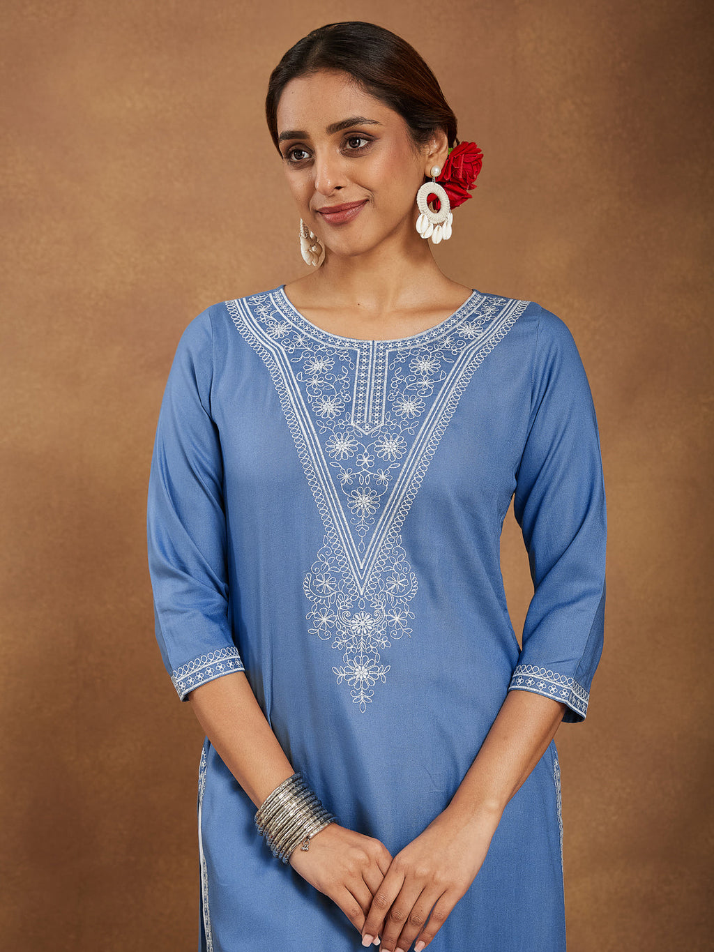 Janasya Women's Sky Blue Rayon Embroidered Straight Kurta