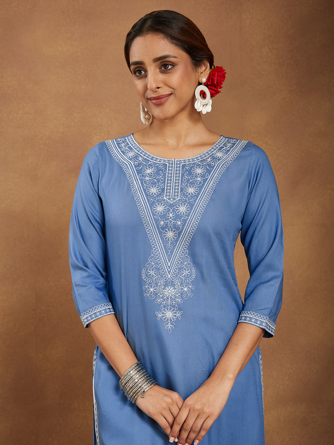 Janasya Women's Sky Blue Rayon Embroidered Straight Kurta
