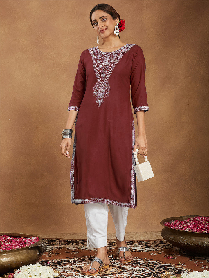 Janasya Women's Maroon Rayon Embroidered Straight Kurta - qivii