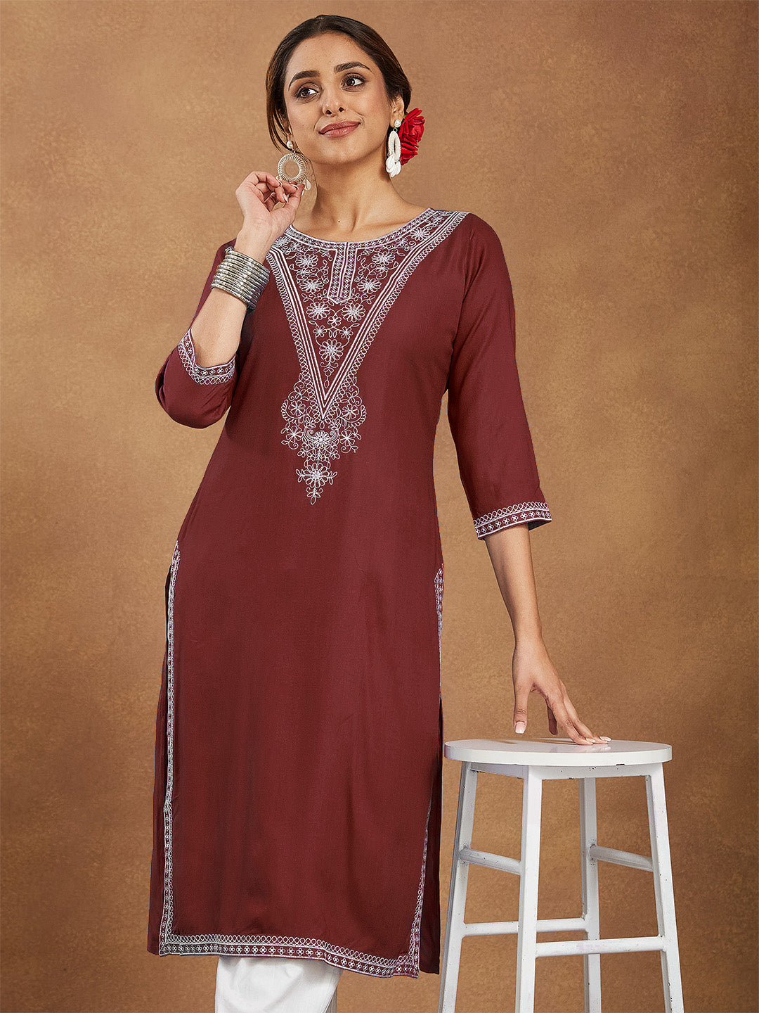 Janasya Women's Maroon Rayon Embroidered Straight Kurta - qivii