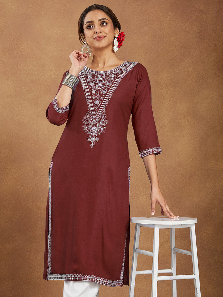 Janasya Women's Maroon Rayon Embroidered Straight Kurta - qivii