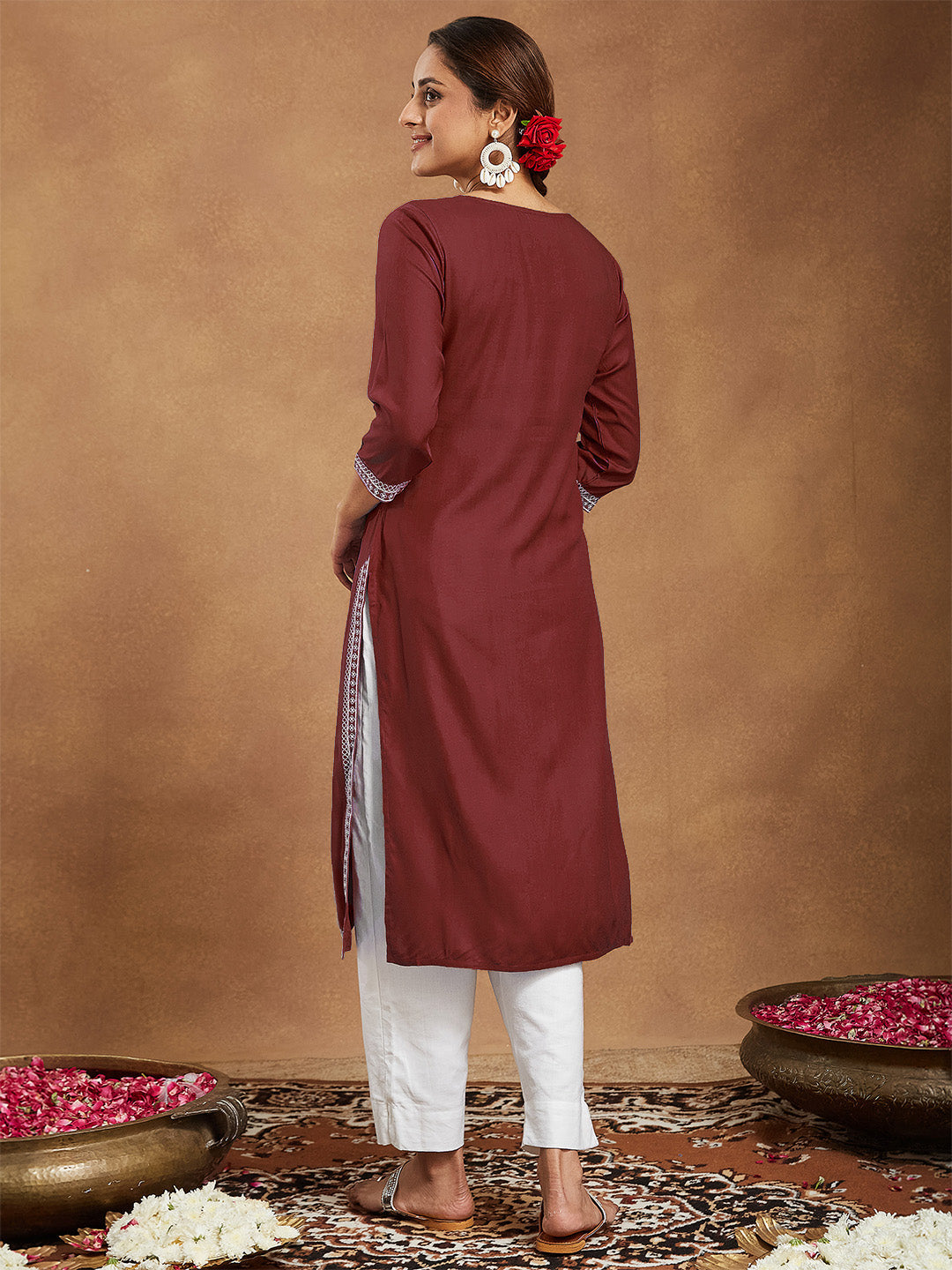Janasya Women's Maroon Rayon Embroidered Straight Kurta - qivii