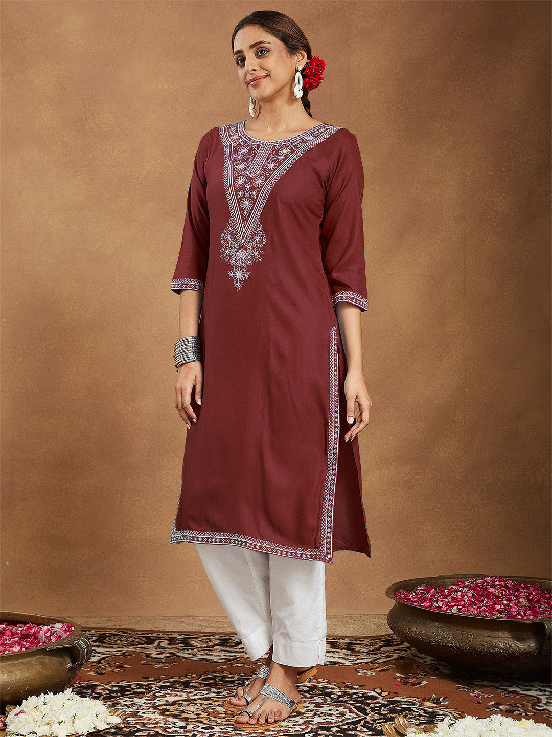 Janasya Women's Maroon Rayon Embroidered Straight Kurta - qivii