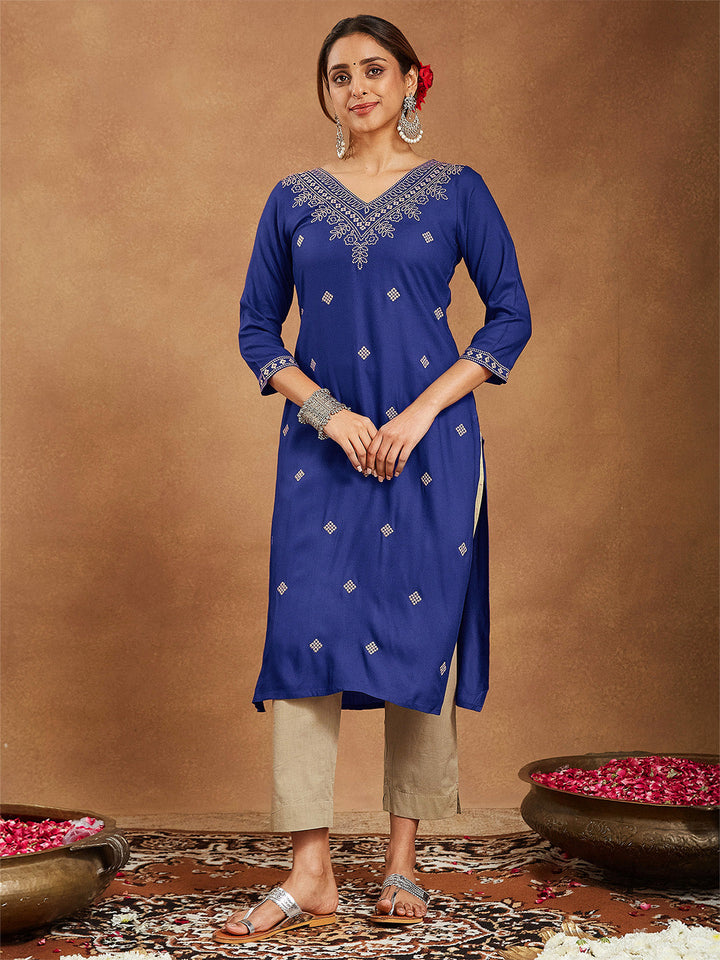 Janasya Women's Navy Blue Rayon Embroidered Straight Kurta - qivii