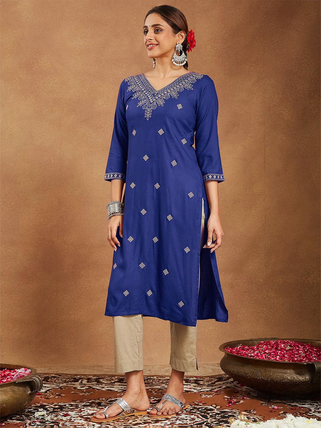 Janasya Women's Navy Blue Rayon Embroidered Straight Kurta - qivii
