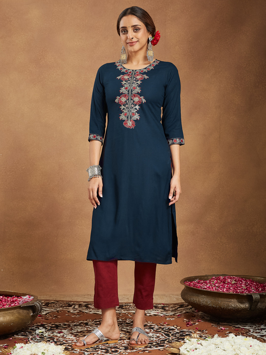 Janasya Women's Navy Blue Rayon Embroidered Straight Kurta