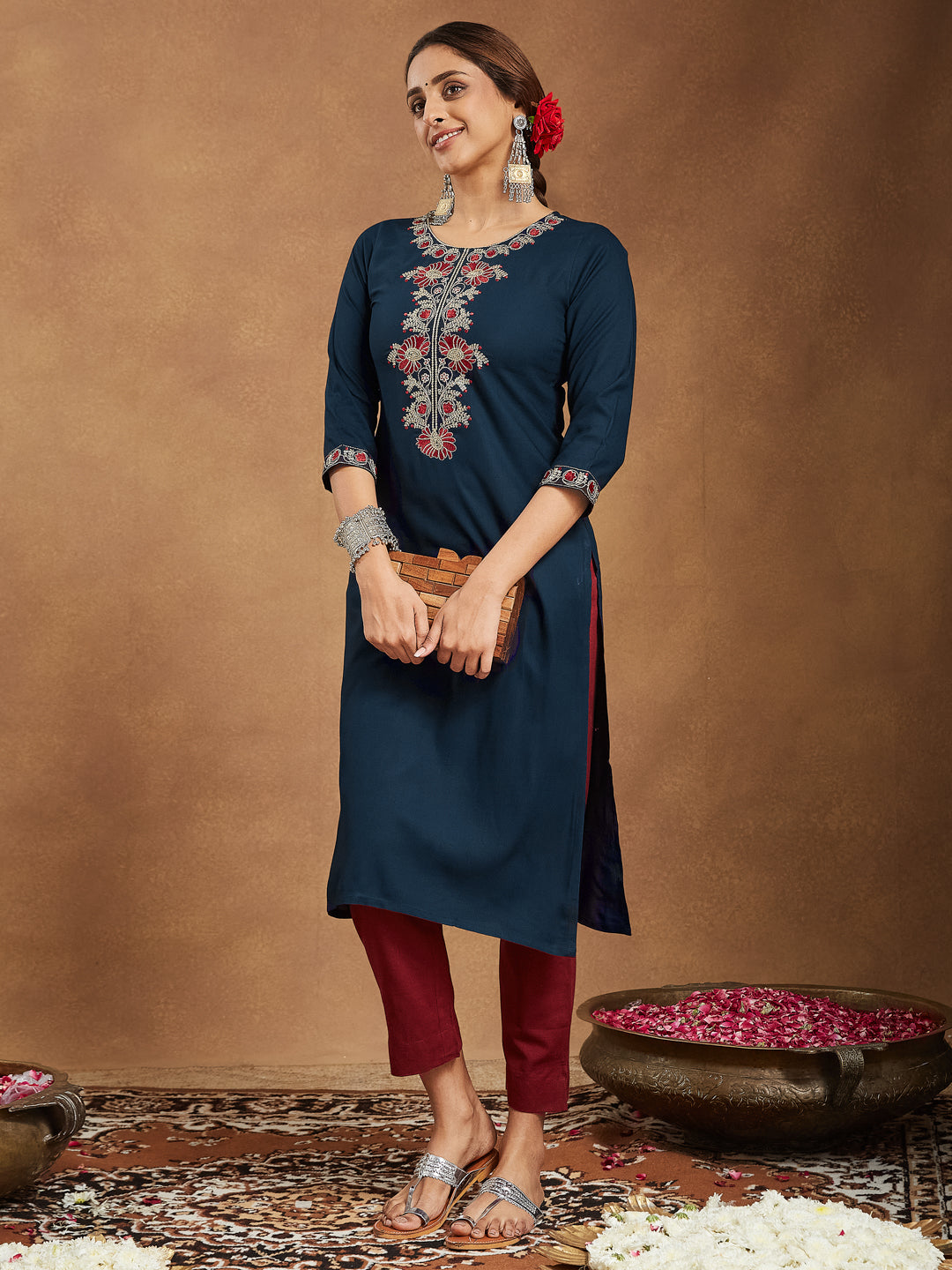 Janasya Women's Navy Blue Rayon Embroidered Straight Kurta
