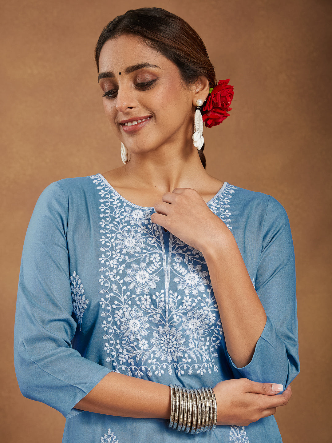 Janasya Women's Sky Blue Rayon Embroidered Straight Kurta - qivii