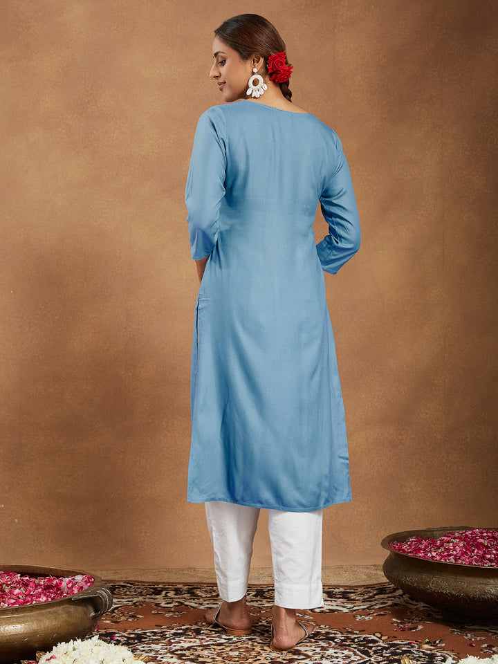 Janasya Women's Sky Blue Rayon Embroidered Straight Kurta - qivii