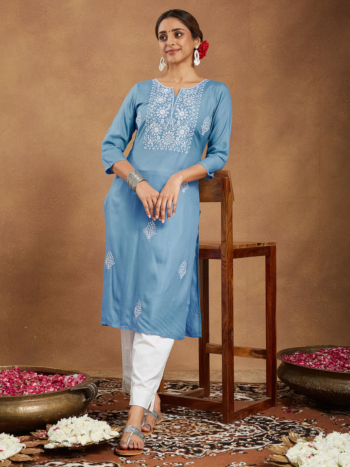 Janasya Women's Sky Blue Rayon Embroidered Straight Kurta - qivii