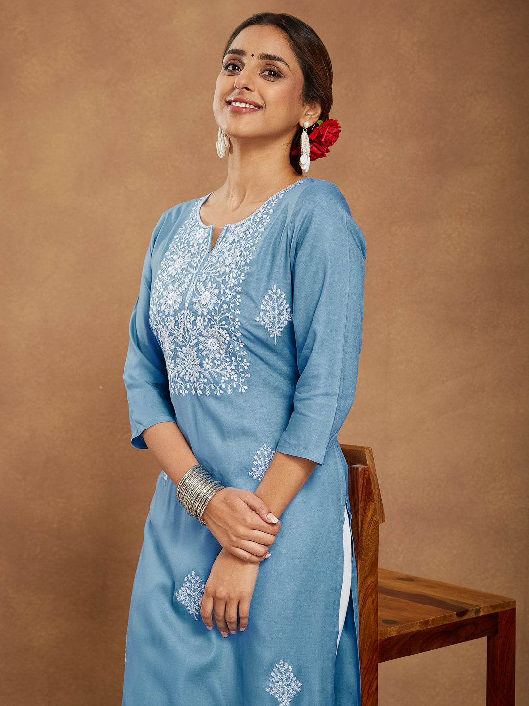 Janasya Women's Sky Blue Rayon Embroidered Straight Kurta - qivii