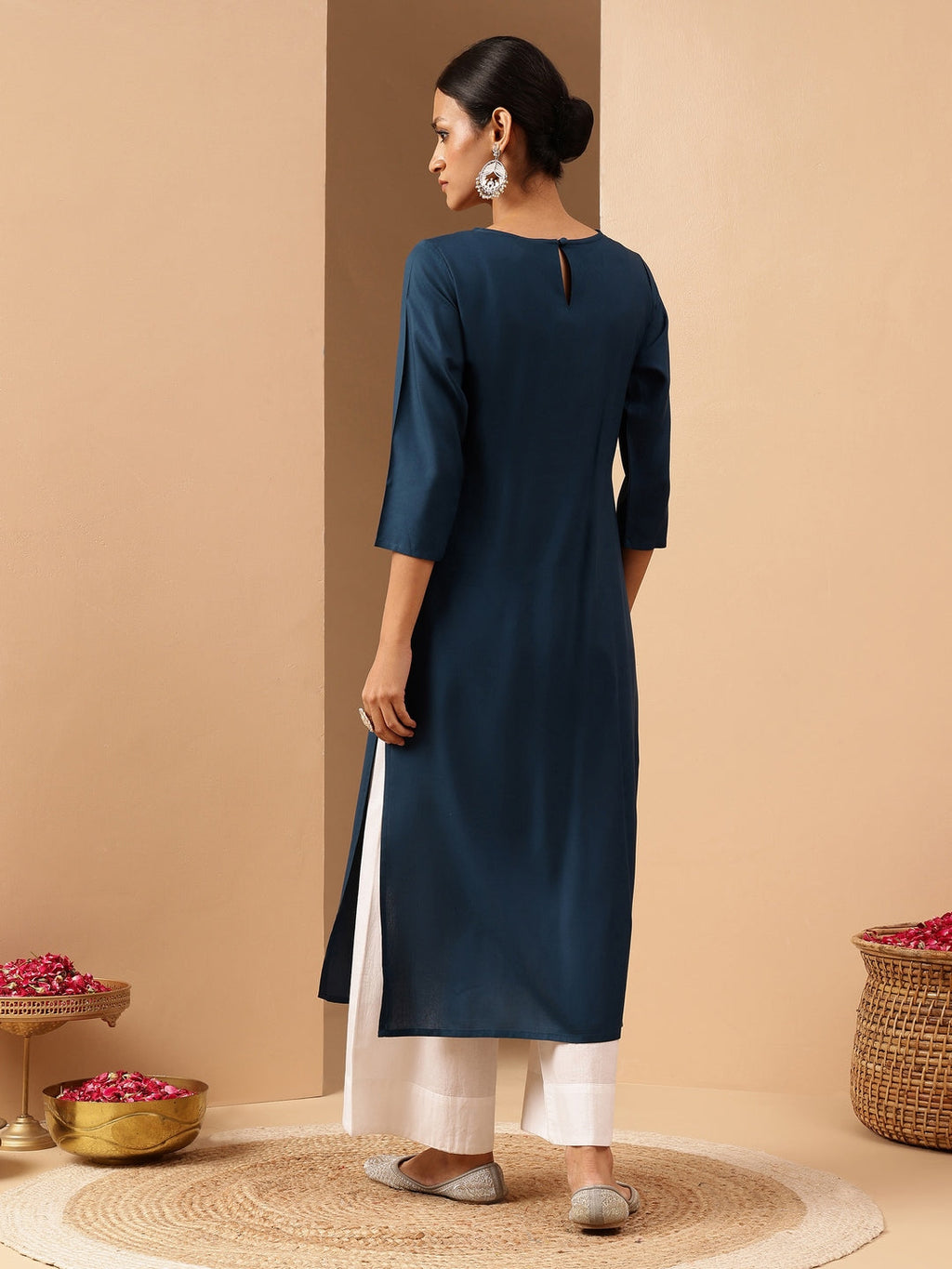Janasya Women's Teal Blue Rayon Yoke Embroidered Straight Kurta