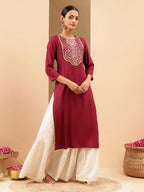 Janasya Women's Wine Royan Yoke Embroidered Straight Kurta