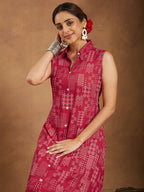 Janasya Women's Red Rayon Geometric Printed A-line Shirt Kurta