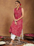 Janasya Women's Red Rayon Geometric Printed A-line Shirt Kurta