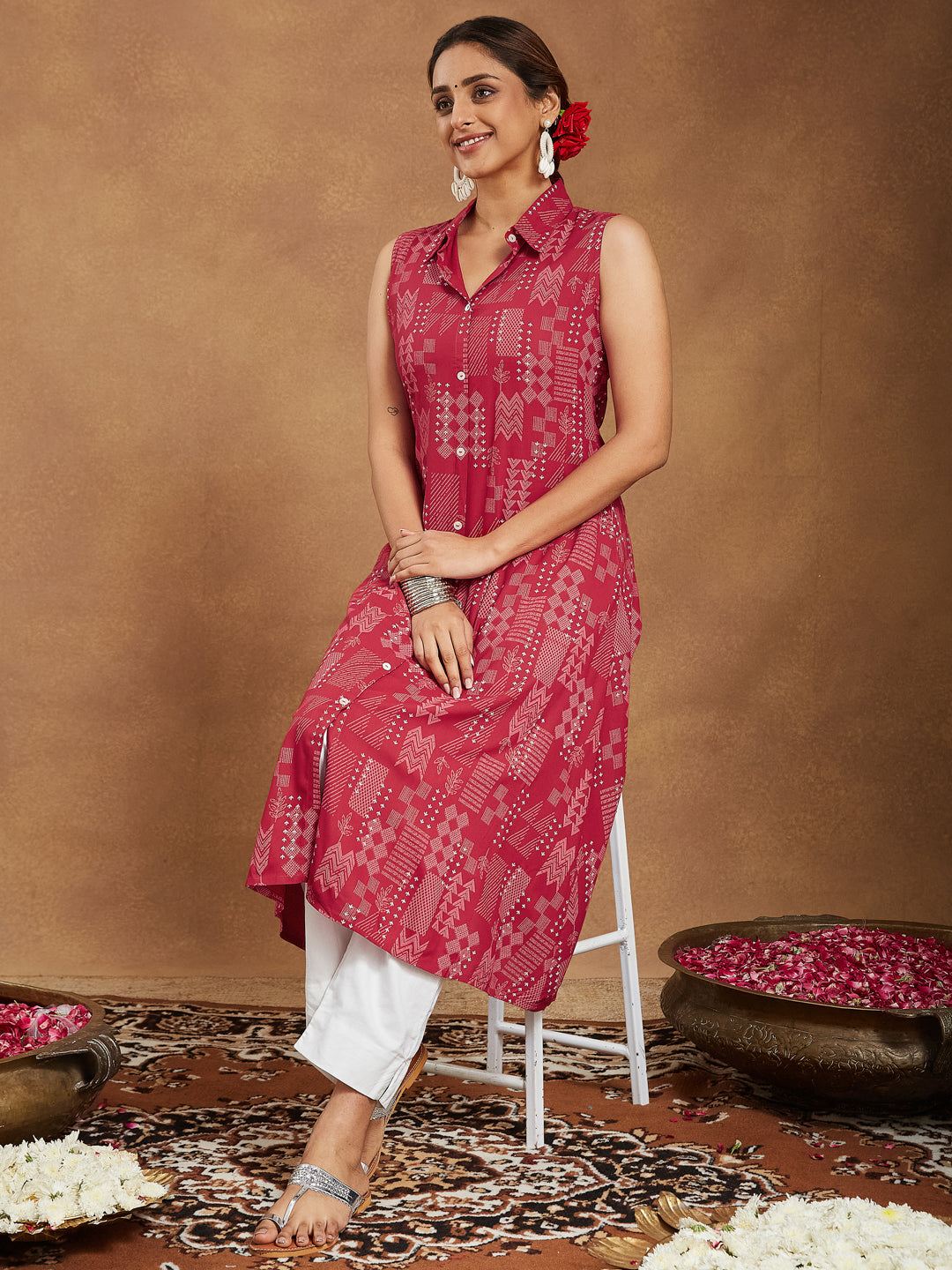 Janasya Women's Red Rayon Geometric Printed A-line Shirt Kurta