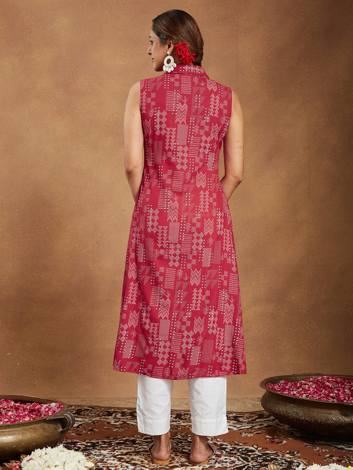 Janasya Women's Red Rayon Geometric Printed A-line Shirt Kurta - qivii