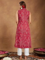 Janasya Women's Red Rayon Geometric Printed A-line Shirt Kurta
