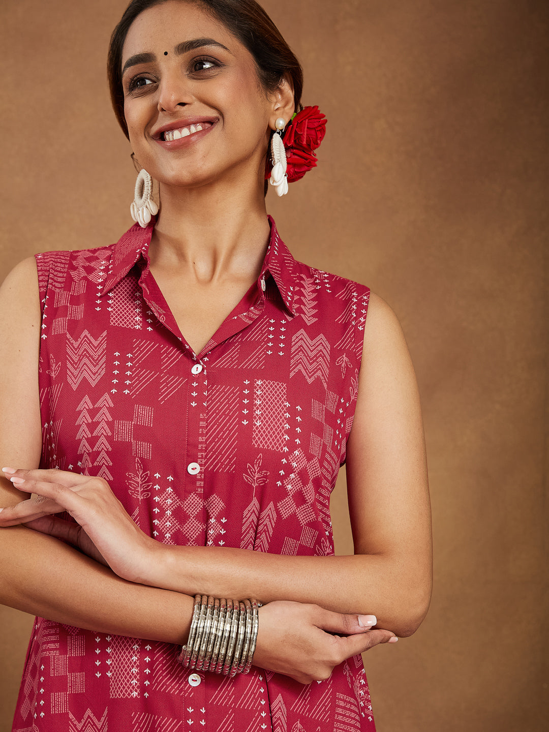 Janasya Women's Red Rayon Geometric Printed A-line Shirt Kurta