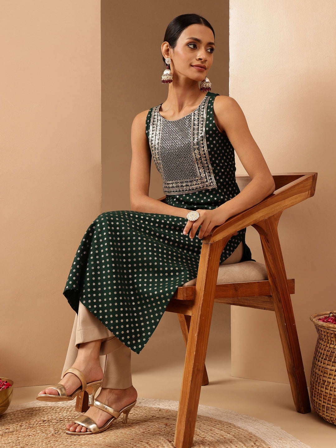 Janasya Women's Dark Green Silk Blend Zari Yoke Embroidered Gold Printed Straight Kurta