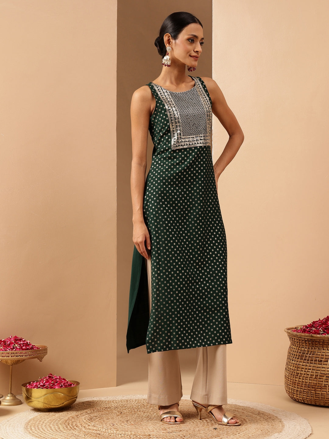 Janasya Women's Dark Green Silk Blend Zari Yoke Embroidered Gold Printed Straight Kurta