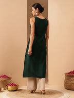 Janasya Women's Dark Green Silk Blend Zari Yoke Embroidered Gold Printed Straight Kurta