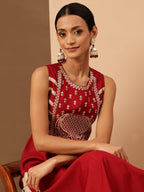 Janasya Women's Red Silk Blend Zari Embroidered Straight Kurta