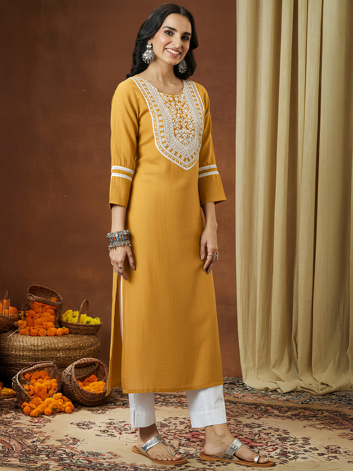 Janasya Women's Mustard Silk Blend Embroidered Straight Kurta