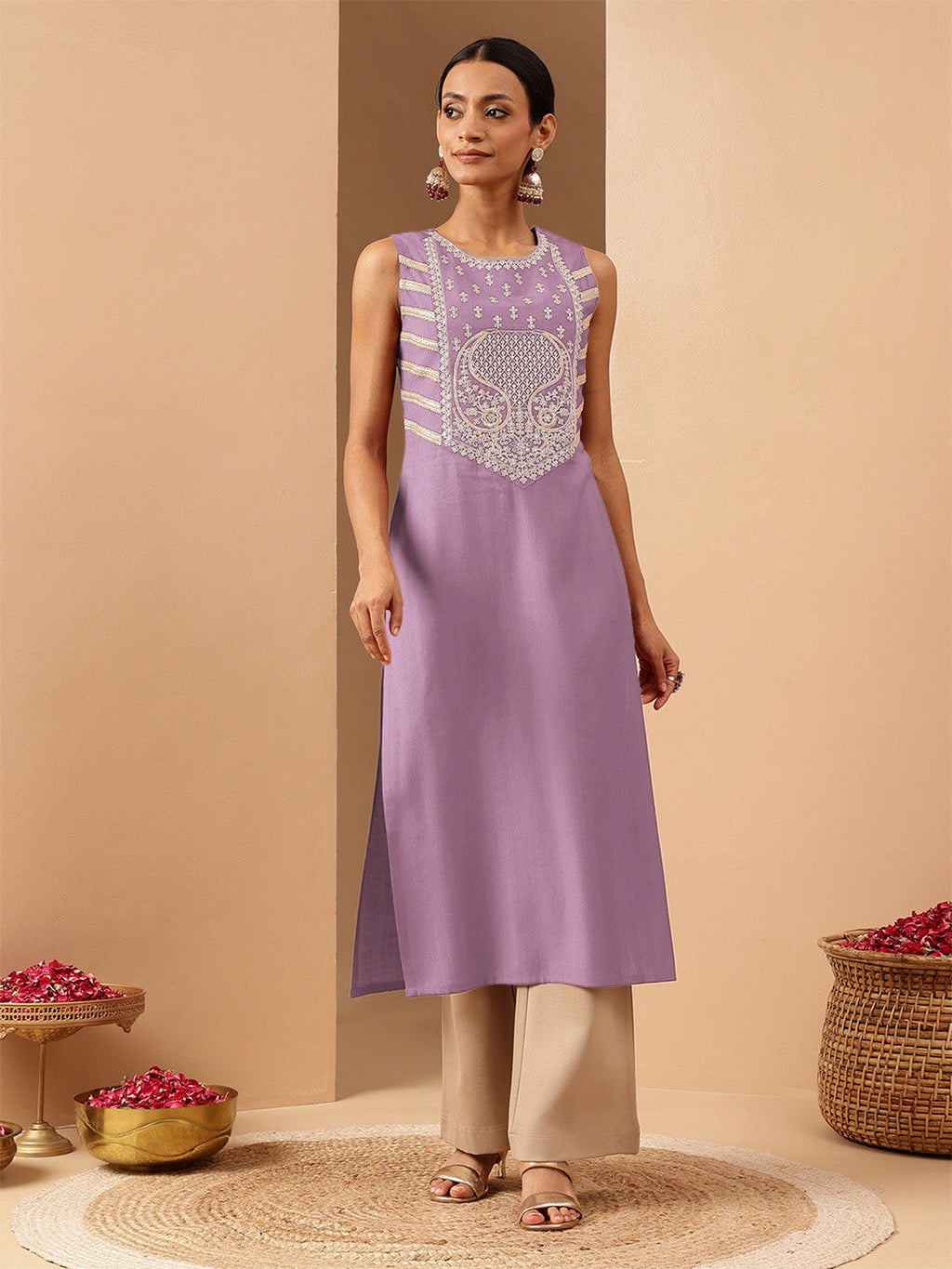 Janasya Women's Lavender Silk Blend Zari Embroidered Straight Kurta
