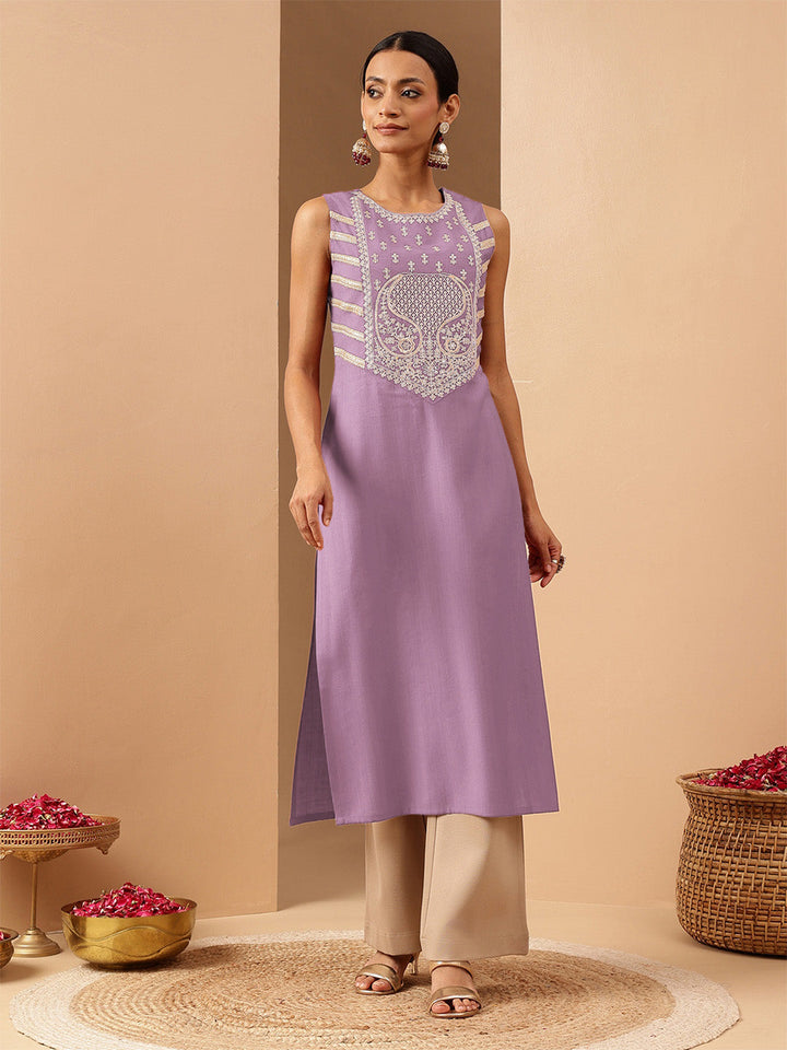 Janasya Women's Lavender Silk Blend Zari Embroidered Straight Kurta - qivii