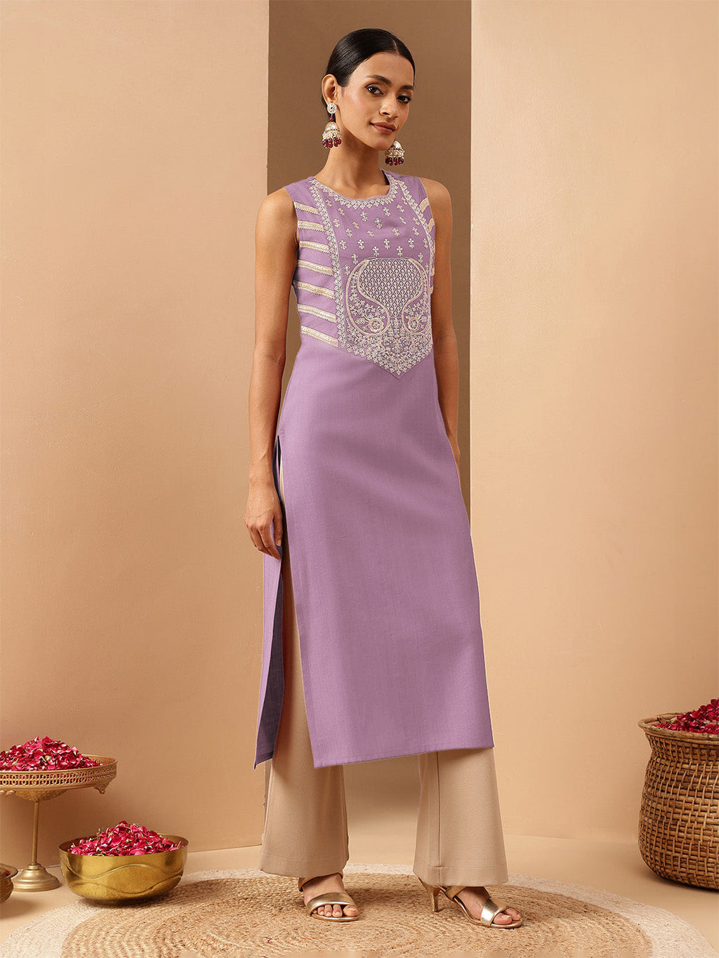 Janasya Women's Lavender Silk Blend Zari Embroidered Straight Kurta