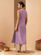 Janasya Women's Lavender Silk Blend Zari Embroidered Straight Kurta