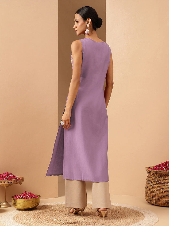 Janasya Women's Lavender Silk Blend Zari Embroidered Straight Kurta - qivii