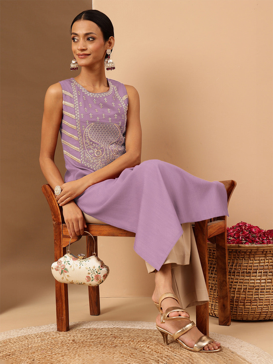 Janasya Women's Lavender Silk Blend Zari Embroidered Straight Kurta - qivii