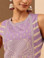 Janasya Women's Lavender Silk Blend Zari Embroidered Straight Kurta