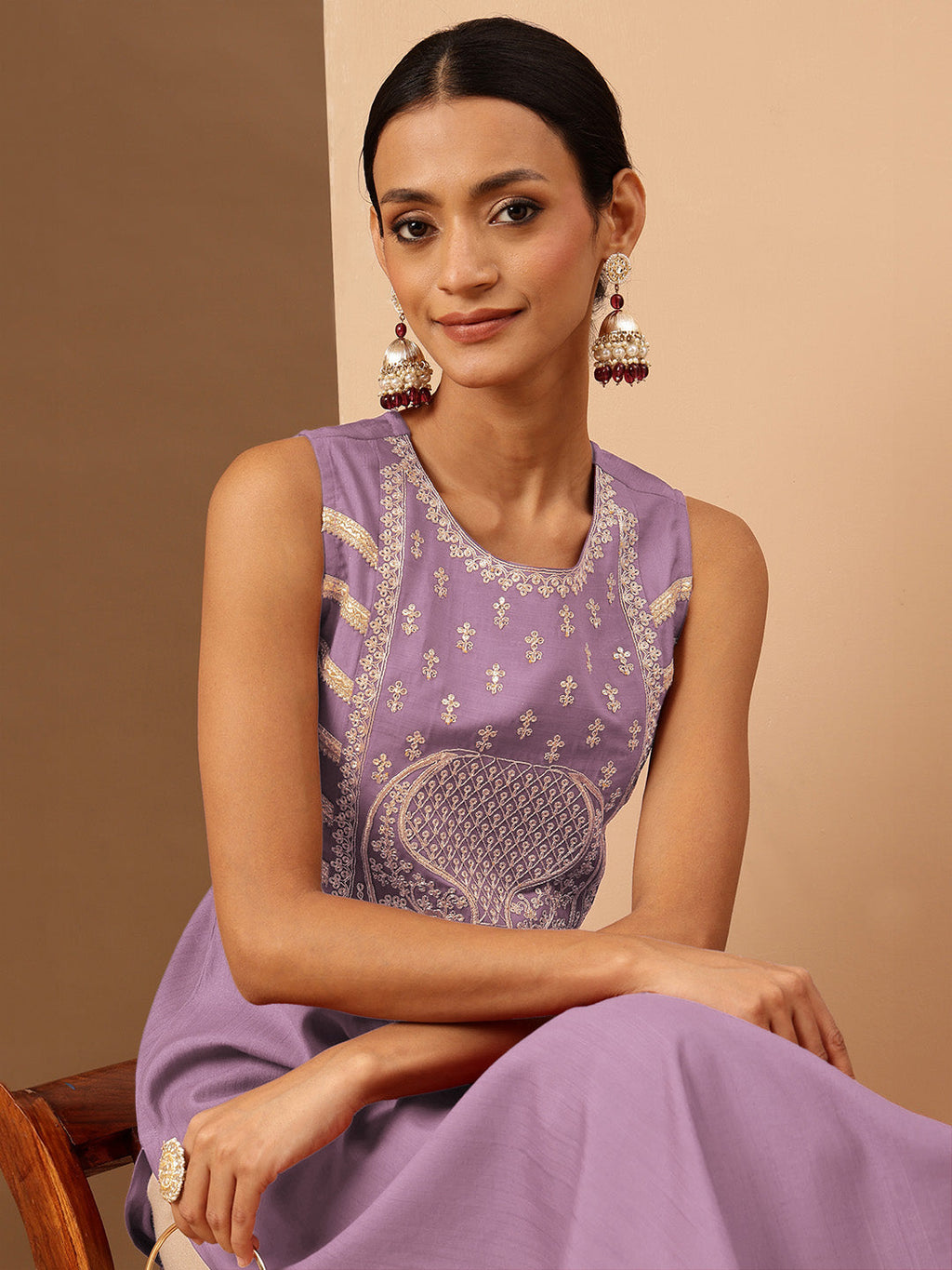 Janasya Women's Lavender Silk Blend Zari Embroidered Straight Kurta