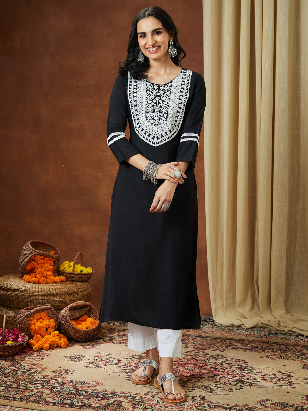 Janasya Women's Black Silk Blend Embroidered Straight Kurta
