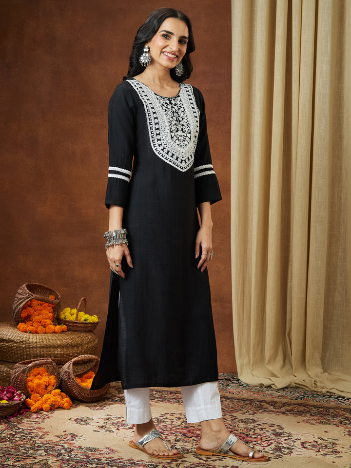 Janasya Women's Black Silk Blend Embroidered Straight Kurta - qivii