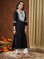 Janasya Women's Black Silk Blend Embroidered Straight Kurta