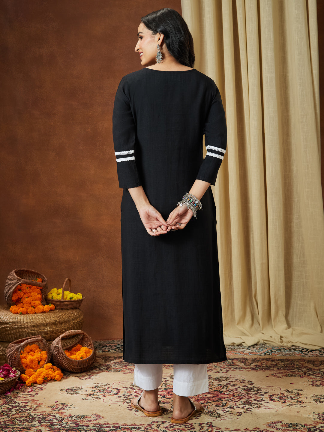 Janasya Women's Black Silk Blend Embroidered Straight Kurta - qivii